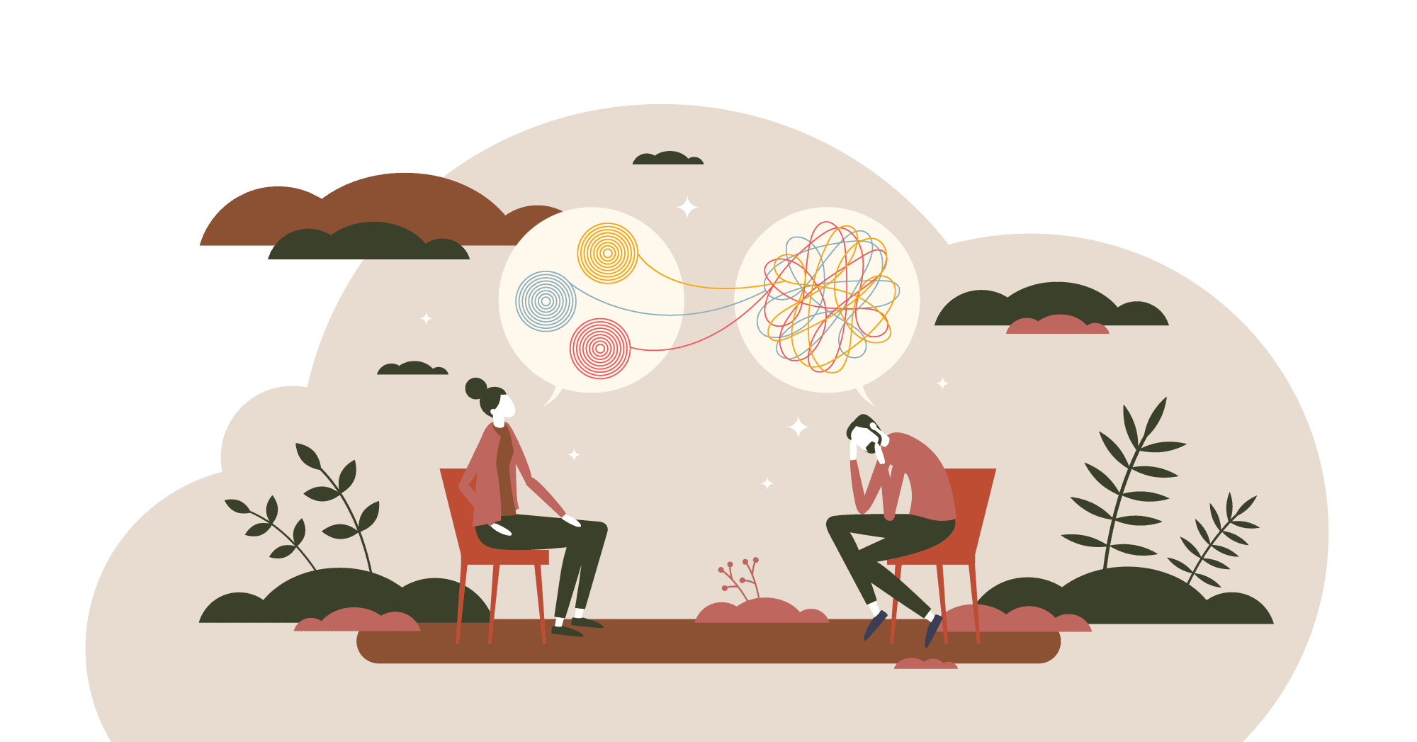 Illustration, eine Psychotherapeutin versucht die Gedanken Ihres Klienten zu ordnen Illustration, eine Psychotherapeutin versucht die Gedanken Ihres Klienten zu ordnen