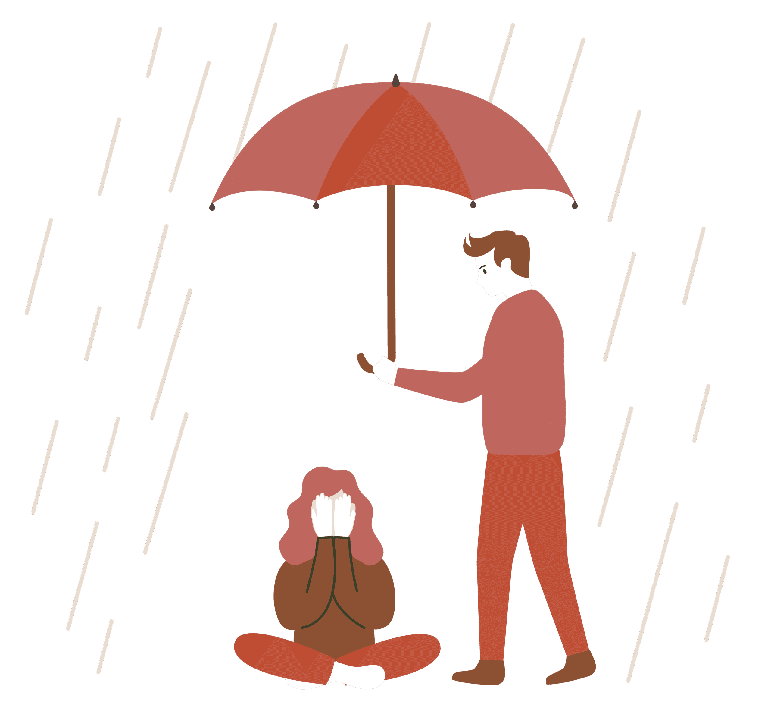Ein Mann bietet einer Frau Schutz vor Regen unter seinem Schirm. Die Frau weint. Ein Mann bietet einer Frau Schutz vor Regen unter seinem Schirm. Die Frau weint.