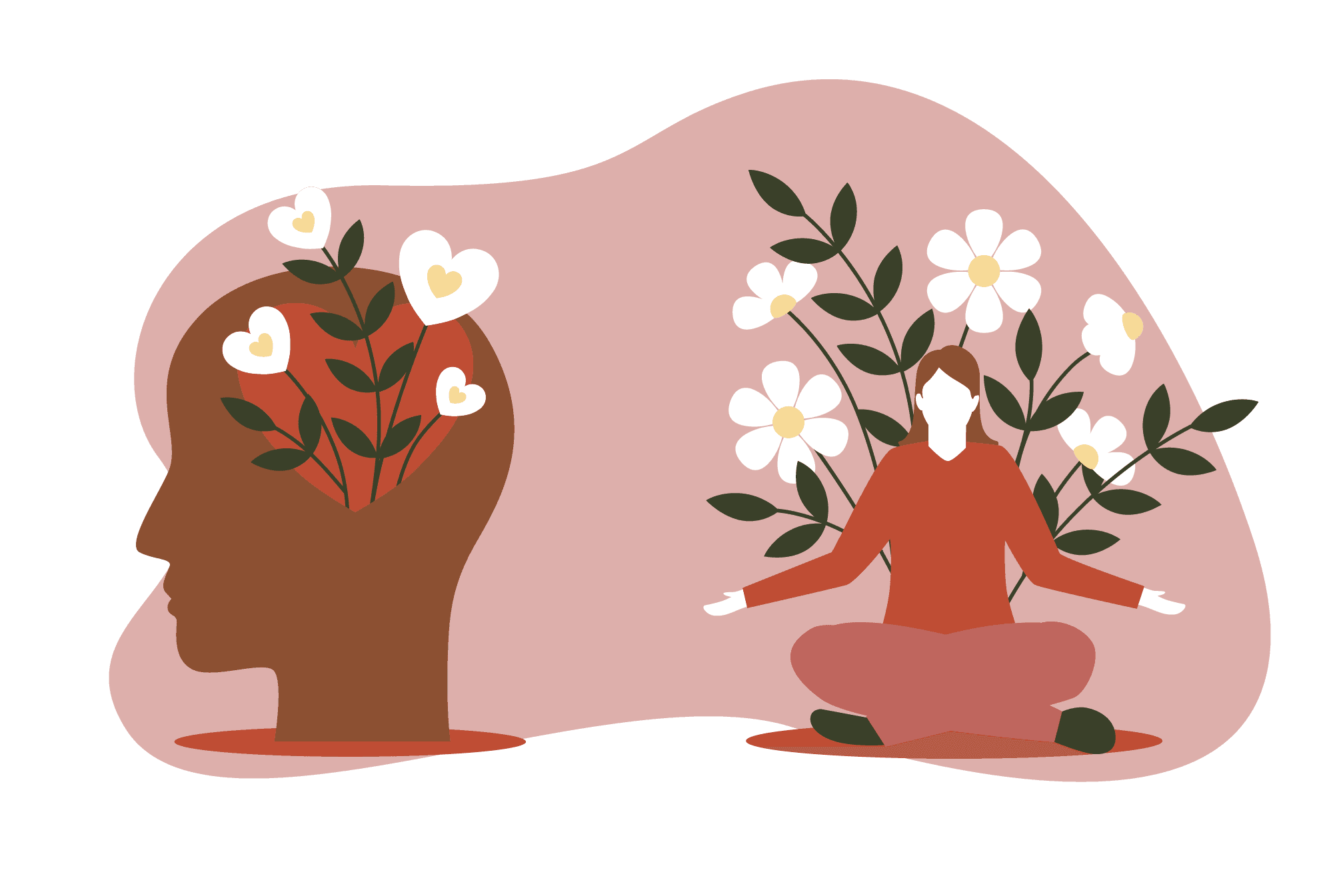 Illustration, wachsende Blumen aus einem Kopf, eine meditierende Frau im Hintergrund weiße Blumen. Entspannung Illustration, wachsende Blumen aus einem Kopf, eine meditierende Frau im Hintergrund weiße Blumen. Entspannung