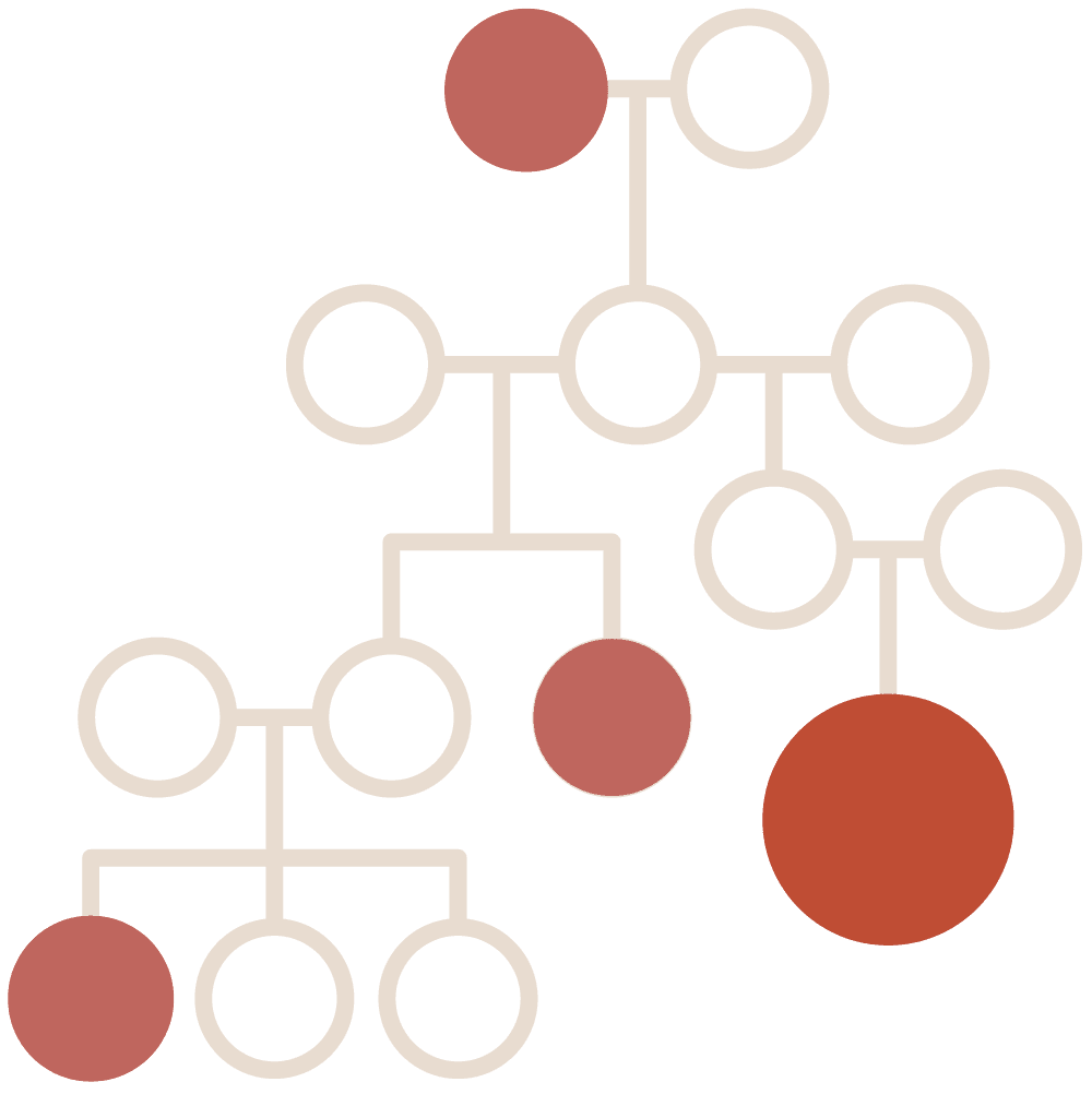 Ein Organigramm symbolisch für ein Genogramm, 4 Zweigstellen sind farbig untermalt Ein Organigramm symbolisch für ein Genogramm, 4 Zweigstellen sind farbig untermalt