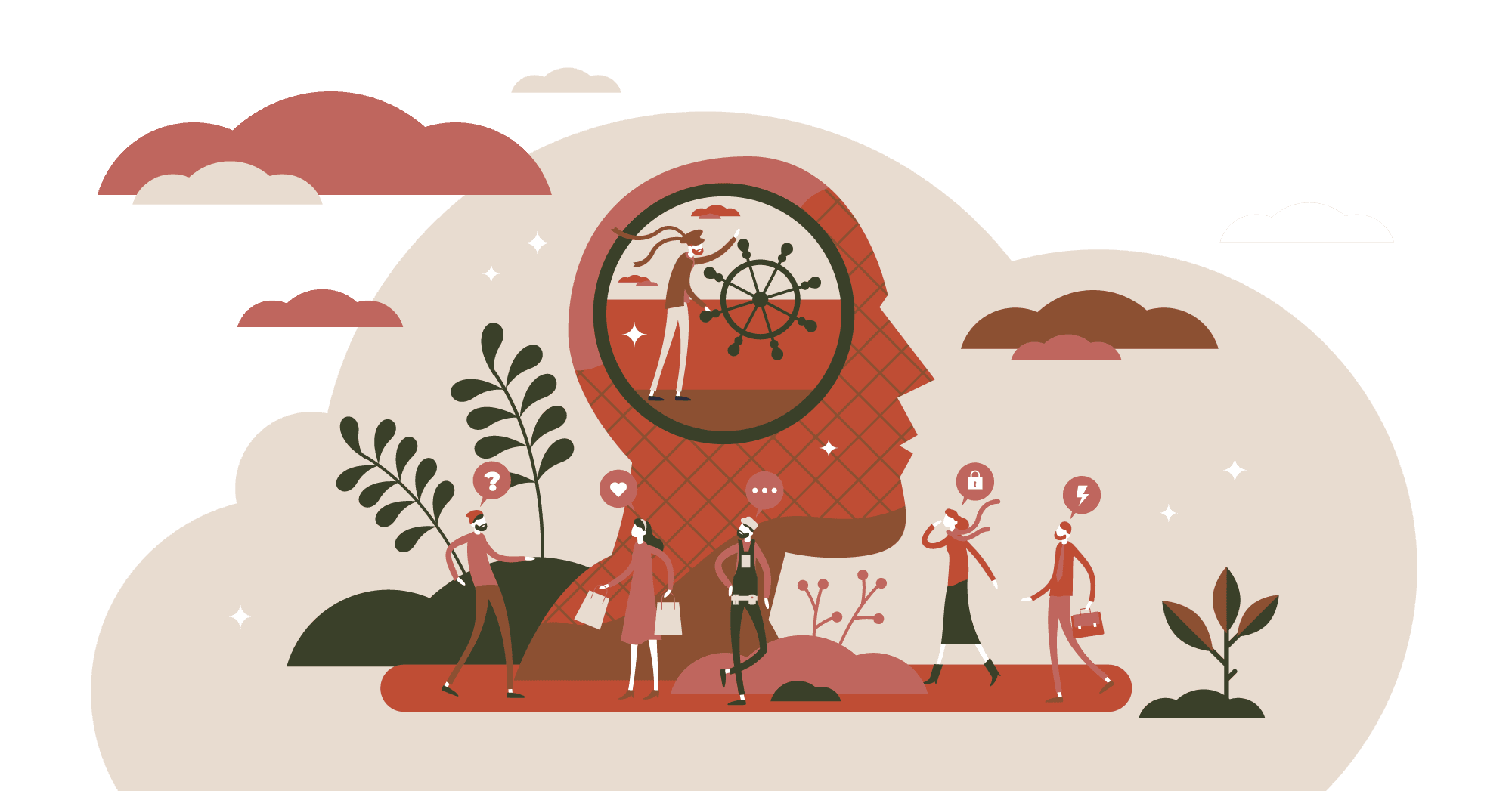Illustration eine Gruppe von Menschen unterhalb, die miteinander kommunizieren, ein Mann steuert in einem Kopf mit einem Steuerrad Illustration eine Gruppe von Menschen unterhalb, die miteinander kommunizieren, ein Mann steuert in einem Kopf mit einem Steuerrad