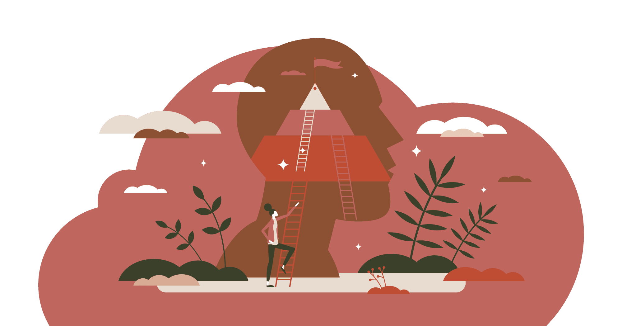Illustration, eine Frau klettert Leitern in einem Kopf hinauf Illustration, eine Frau klettert Leitern in einem Kopf hinauf