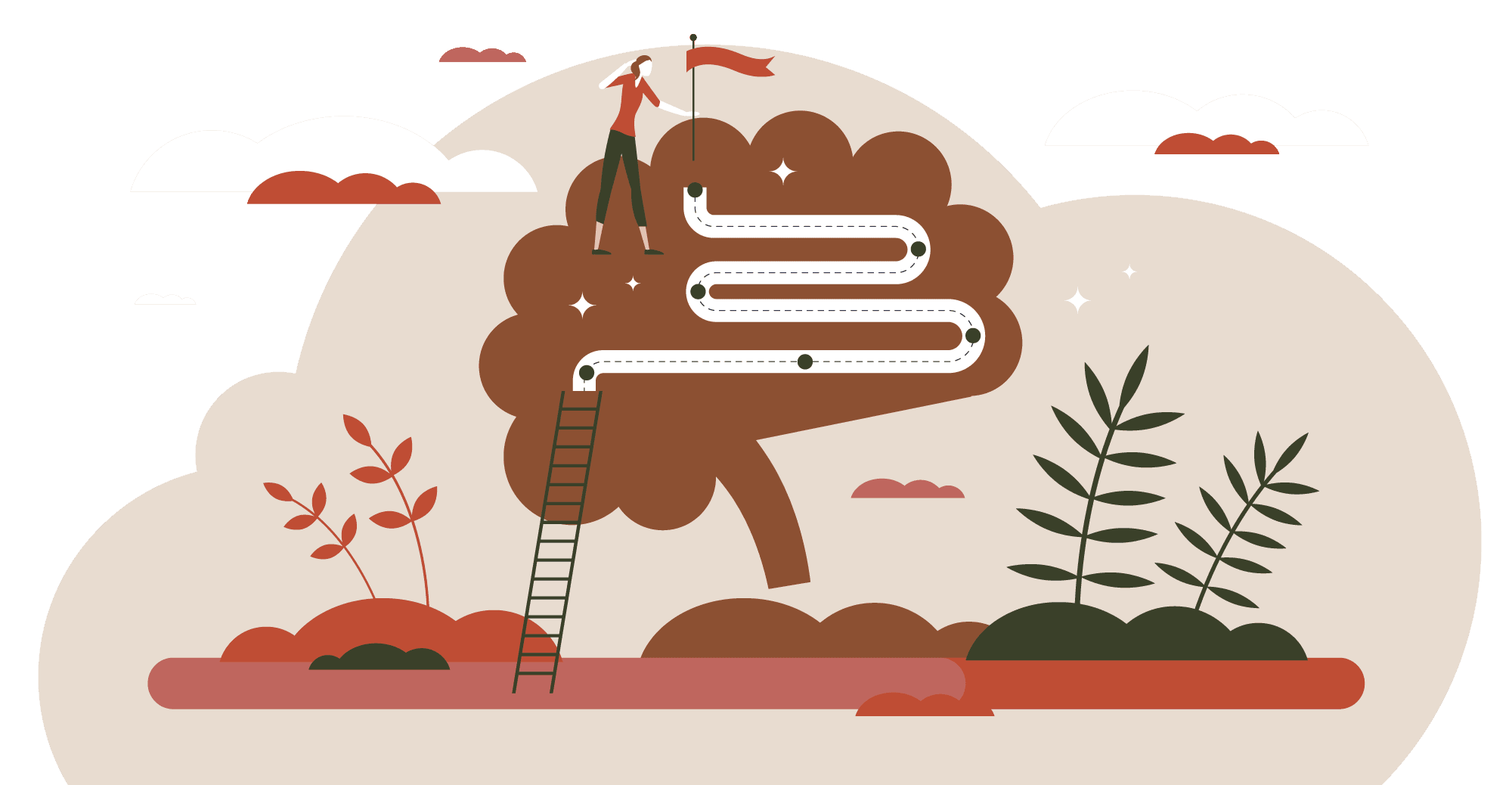 Illustration eine Frau erklimmt eine Treppe und einen Weg durch ein Gehirn und erreicht den Gipfel Illustration eine Frau erklimmt eine Treppe und einen Weg durch ein Gehirn und erreicht den Gipfel