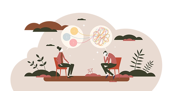 Illustration, eine Psychotherapeutin versucht die Gedanken Ihres Klienten zu ordnen. Link zu Therapie.